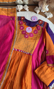 Saili Contrast Panel Mul Chanderi Dress-Pink With Orange