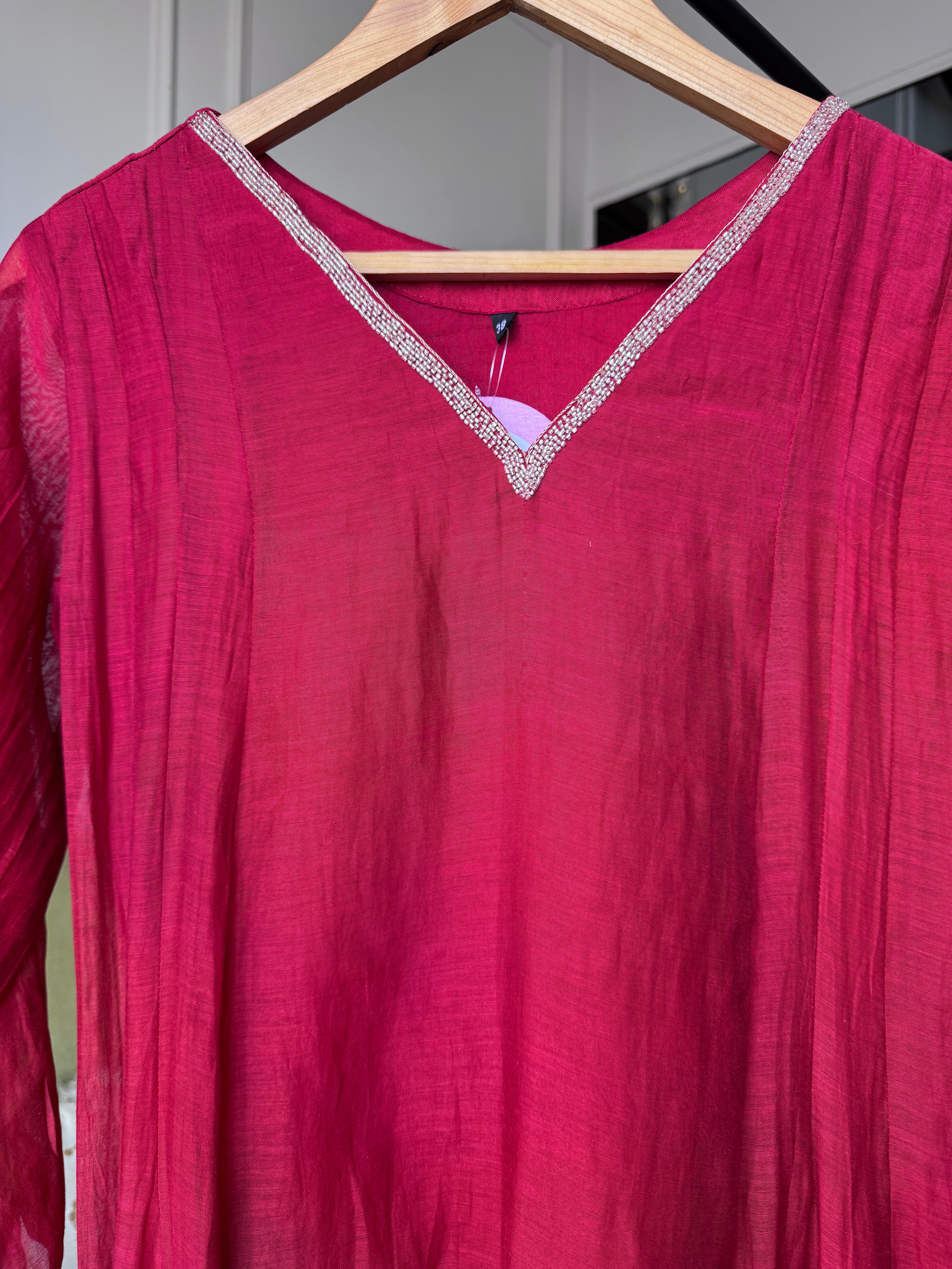 Naina Handwork Mul Chanderi Dress- Maroon