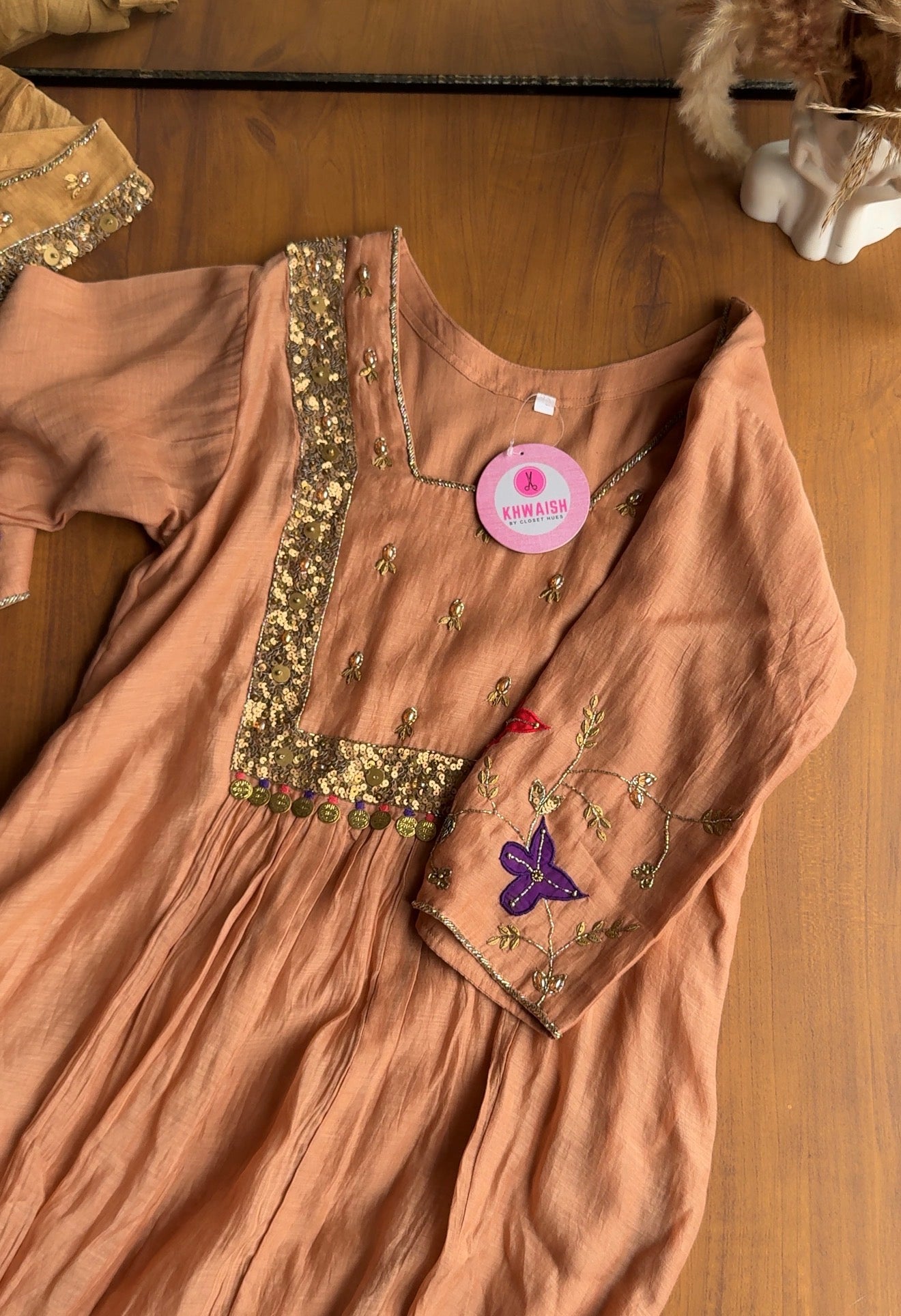 Janki Box Neck Handwork Dress-Peach