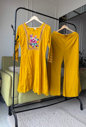 Niki Embroided Mul Cotton Dress- Musturd