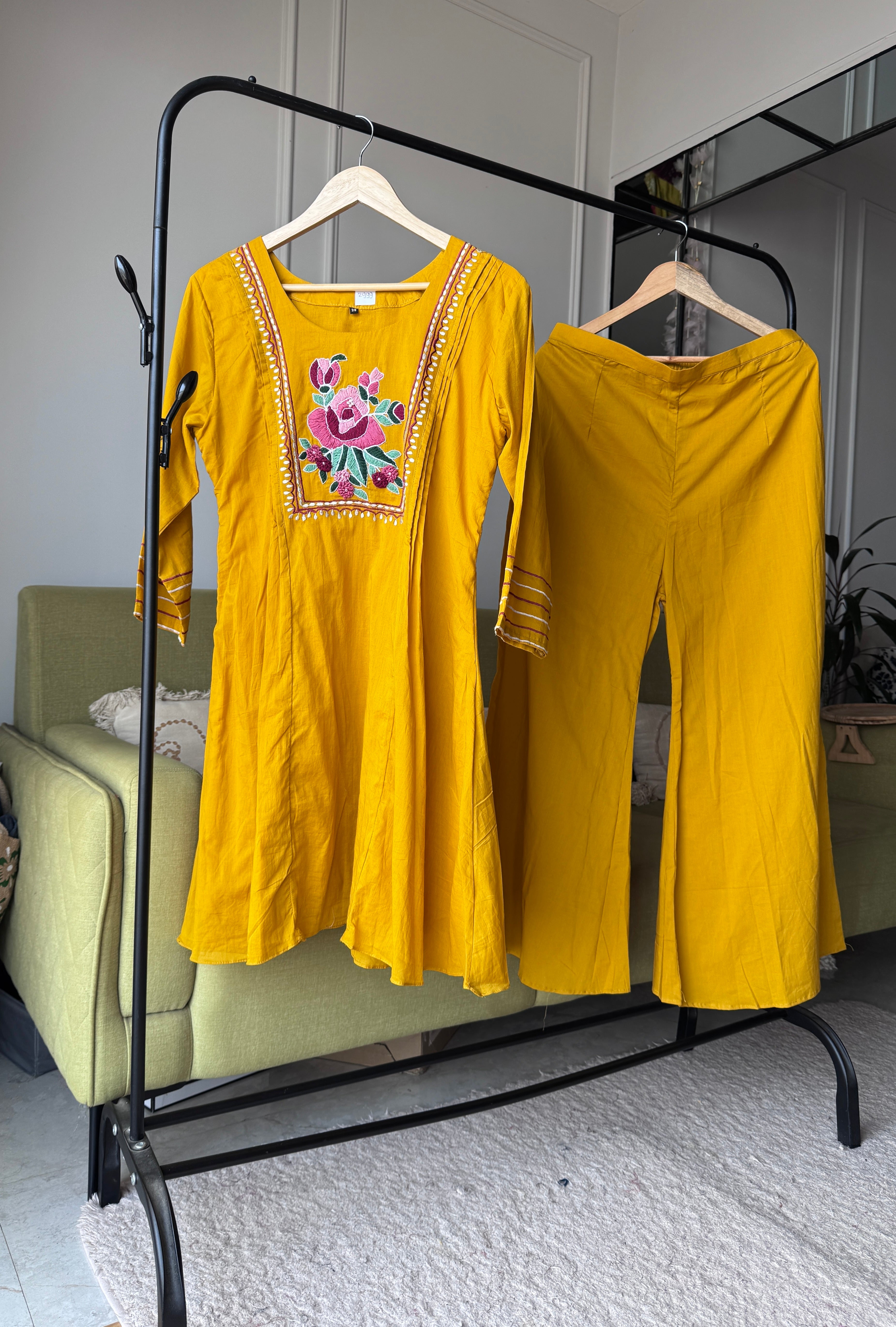 Niki Embroided Mul Cotton Dress- Musturd