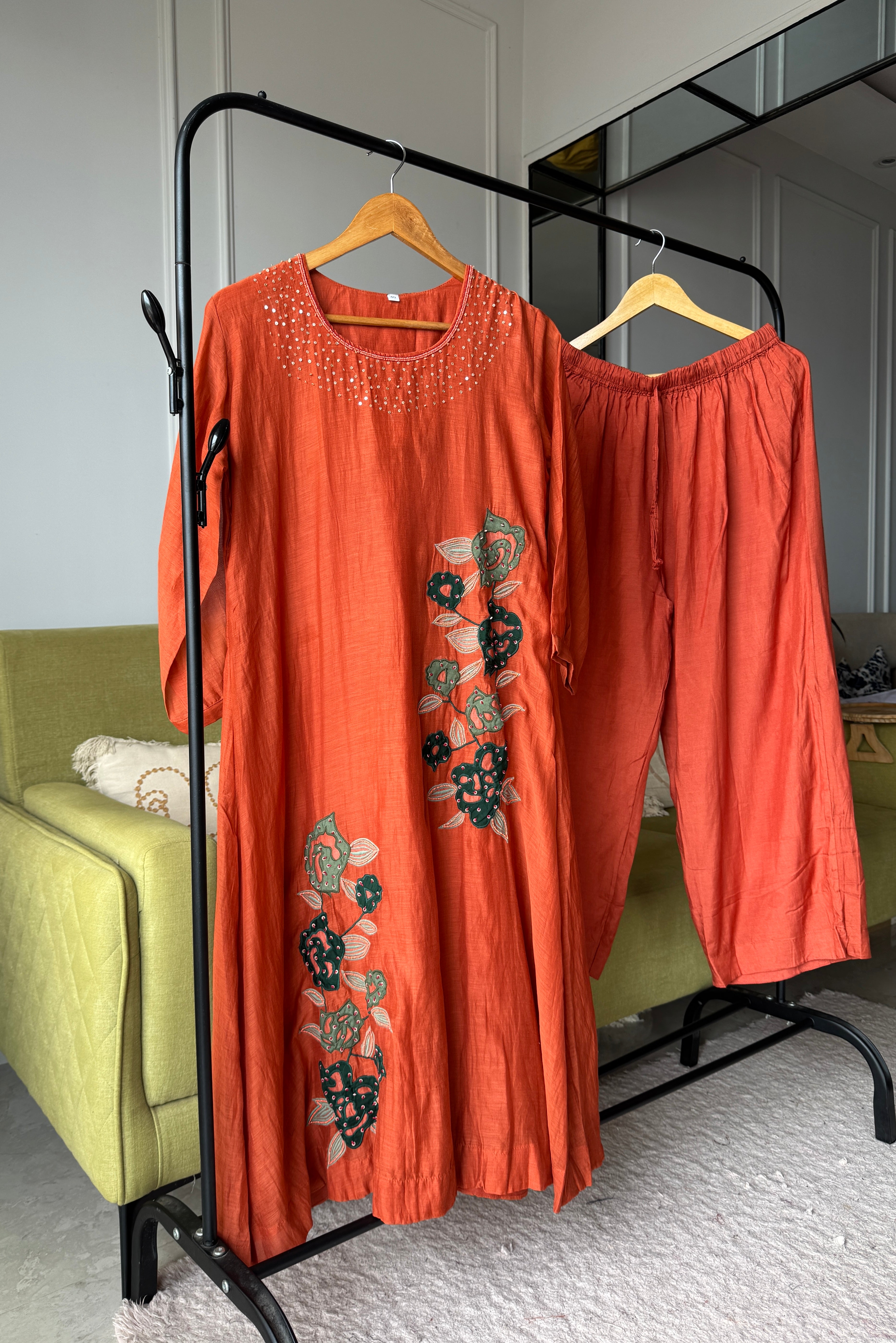 Rani mul chanderi kardana Aline dress with plazzo