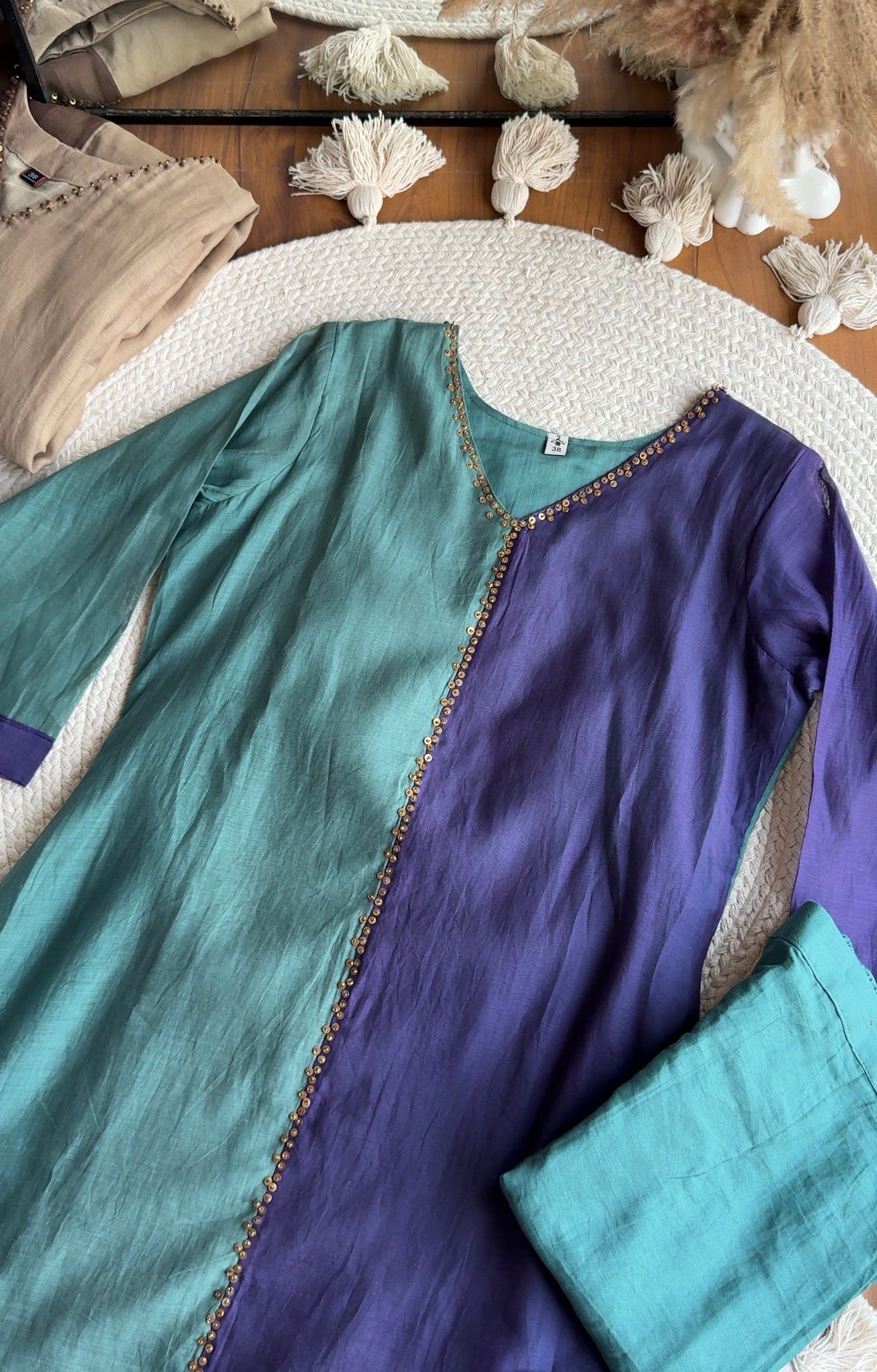 Meher Half An Half Mul Chanderi Dress- Coral Blue With Purple