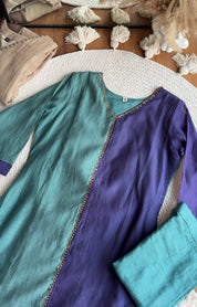 Meher Half An Half Mul Chanderi Dress- Coral Blue With Purple