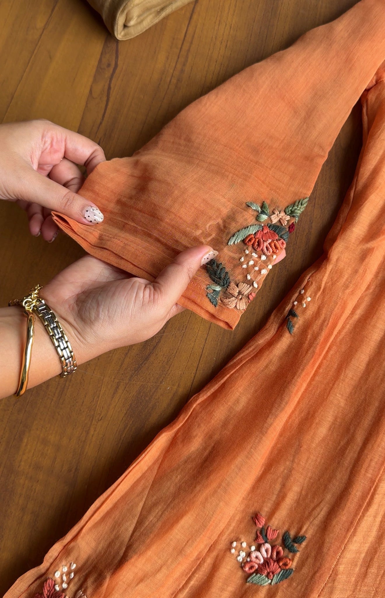 Kiran floral katha Mul Chanderi Anarkali Dress-Orange