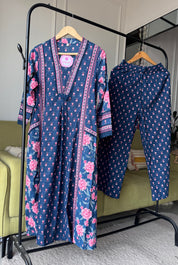 Suman Floral Print Cotton Dress-Blue