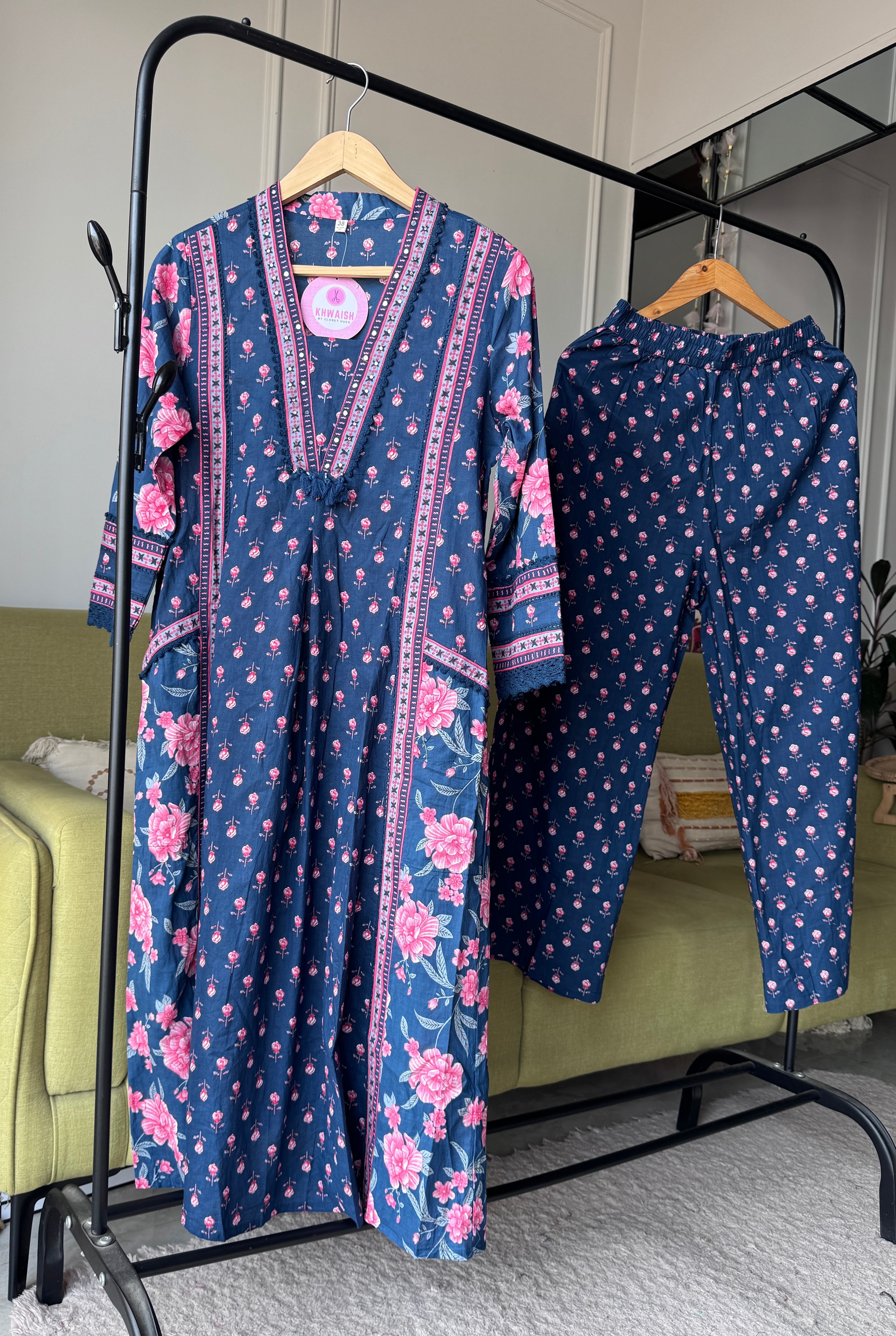 Suman Floral Print Cotton Dress-Blue