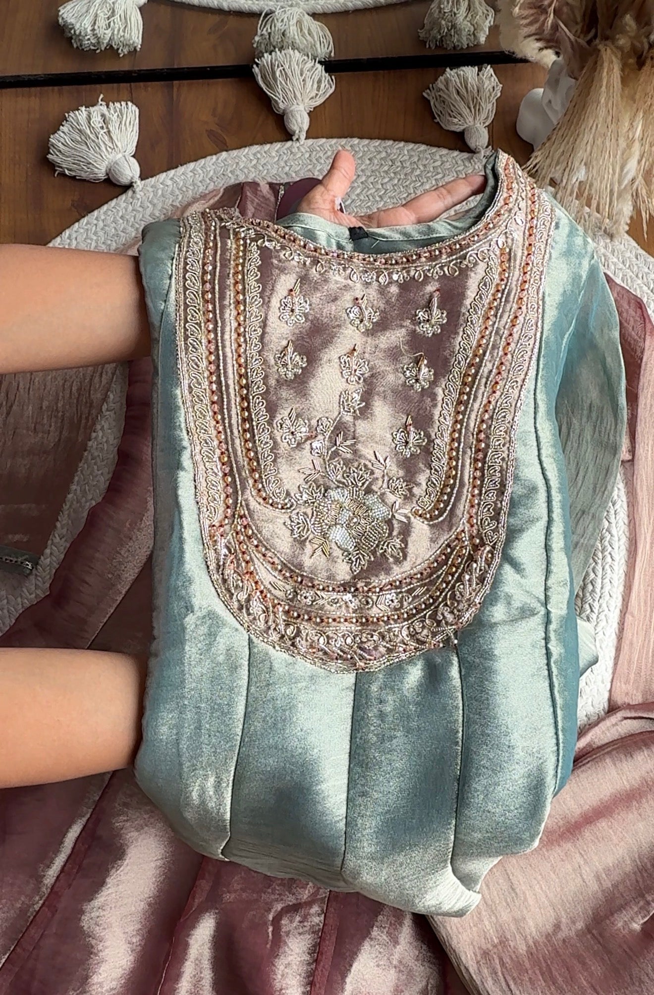 Jasleen Handwork Tissue Organza Anarkali Dress- Green With Pink Contrast