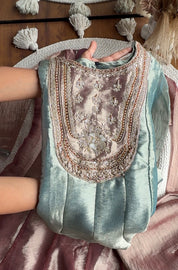 Jasleen Handwork Tissue Organza Anarkali Dress- Green With Pink Contrast