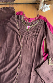Dimple Pleated Yoke Aline Hand Work Dress- Brown 🤎
