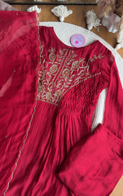 Sanjana Mul Chanderi Handwork Anarkali - Maroon