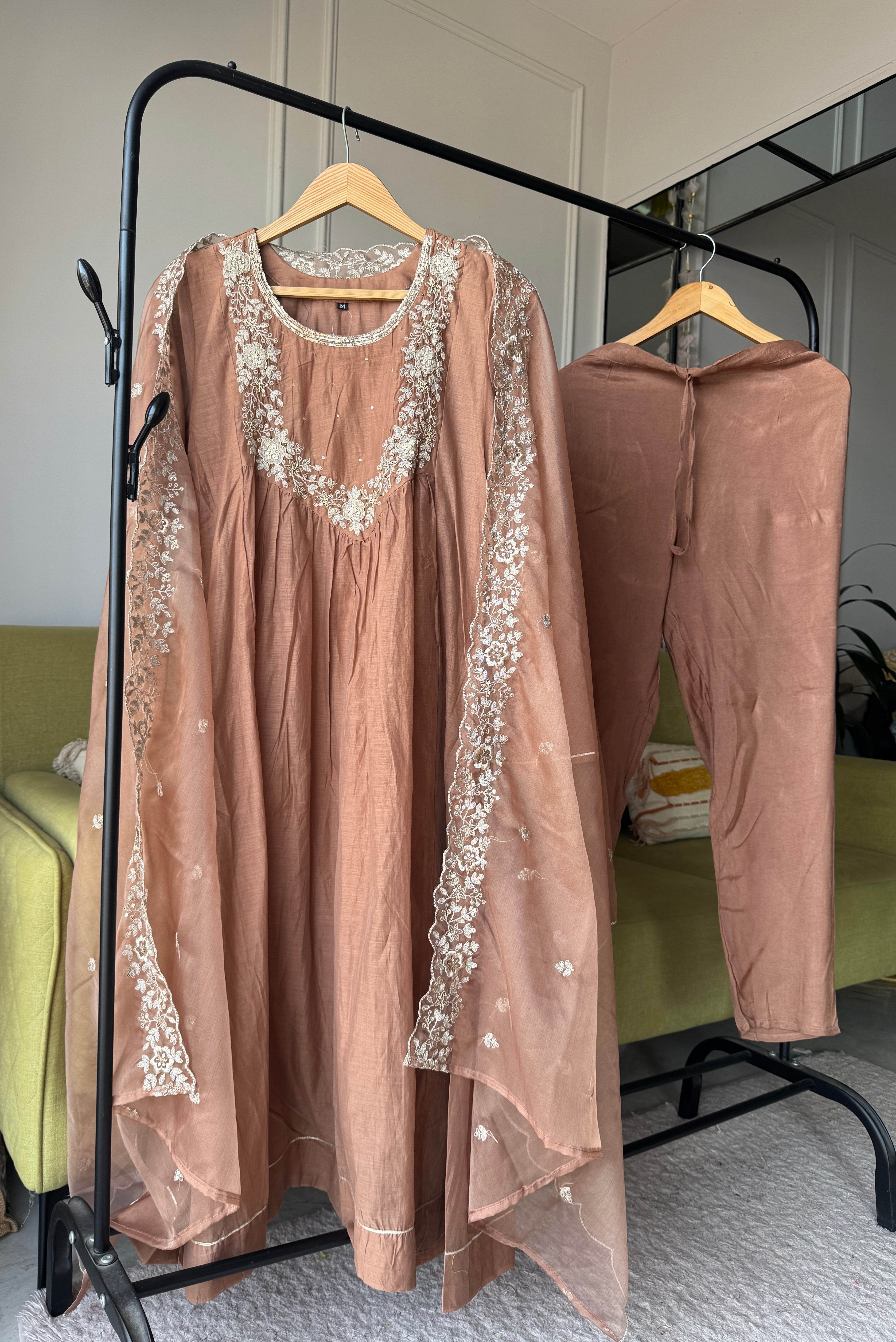 Rashi Full Sleeves Mul Chanderi Anarkali Dress- Brown