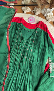 Shubhi aline Mul Chanderi Hand Work Dress- Green