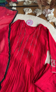 Shubhi aline Mul Chanderi Hand Work Dress- Red