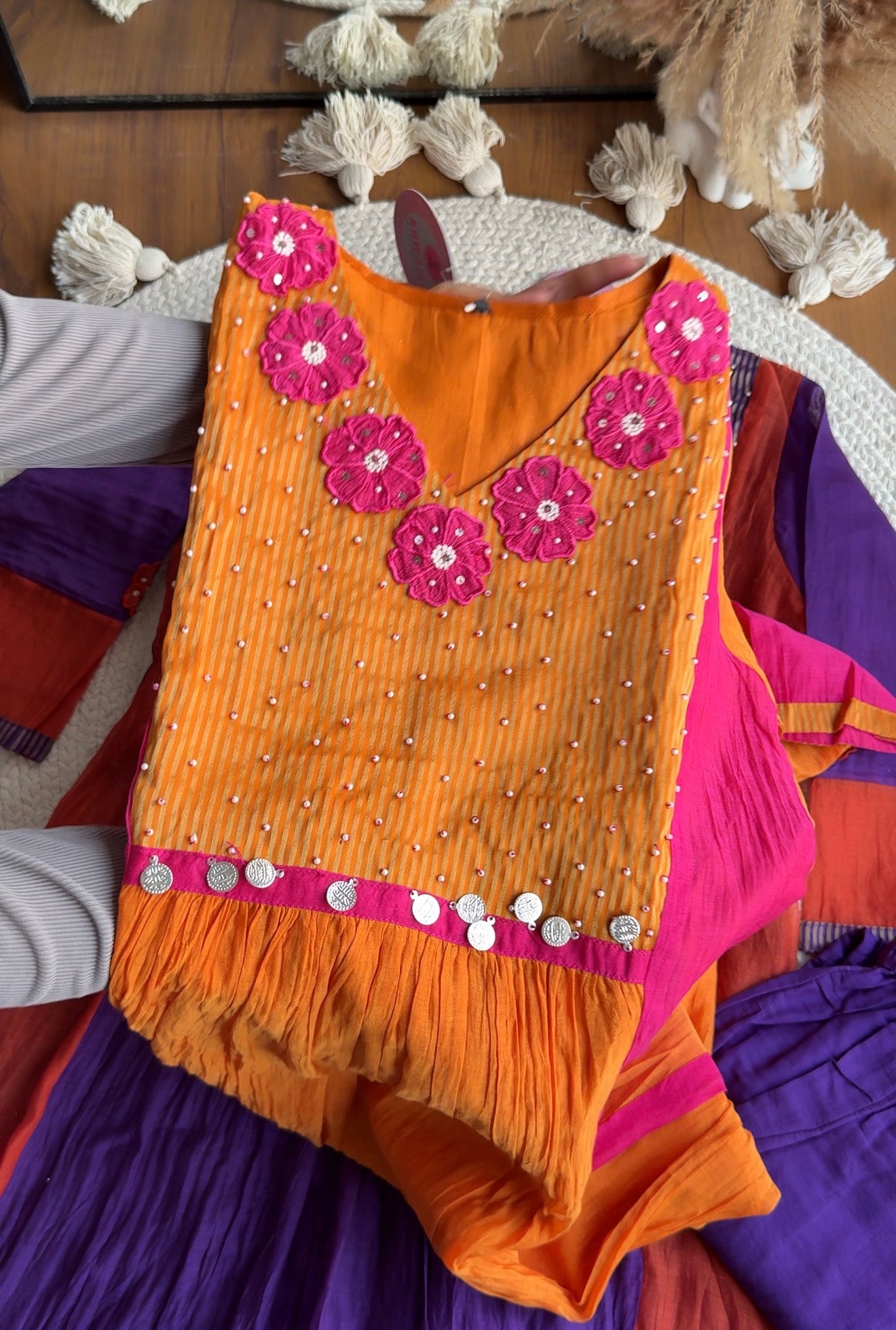 Saili Contrast Panel Mul Chanderi Dress-Pink With Orange
