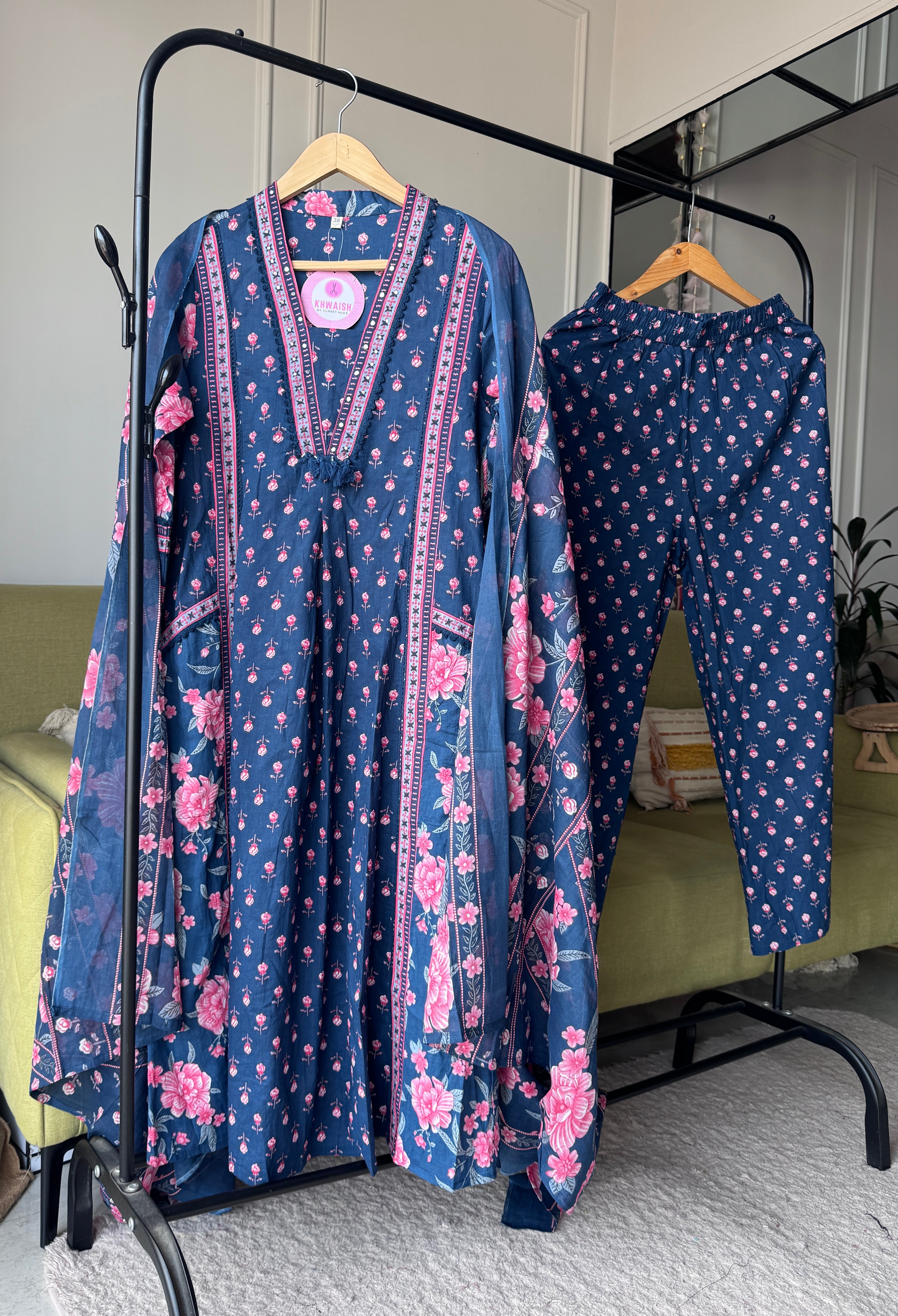 Suman Floral Print Cotton Dress-Blue