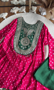 Chavi Bandhani Coords- Green with Pink