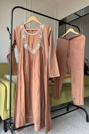 Rashi Full Sleeves Mul Chanderi Anarkali Dress- Brown