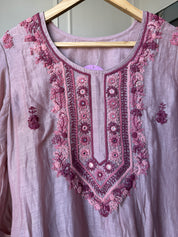 Rinkle Embroided Mul Chanderi Dress- Dusty Pink