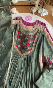 Riya cutwork Contrast Anarkali Dress- Green