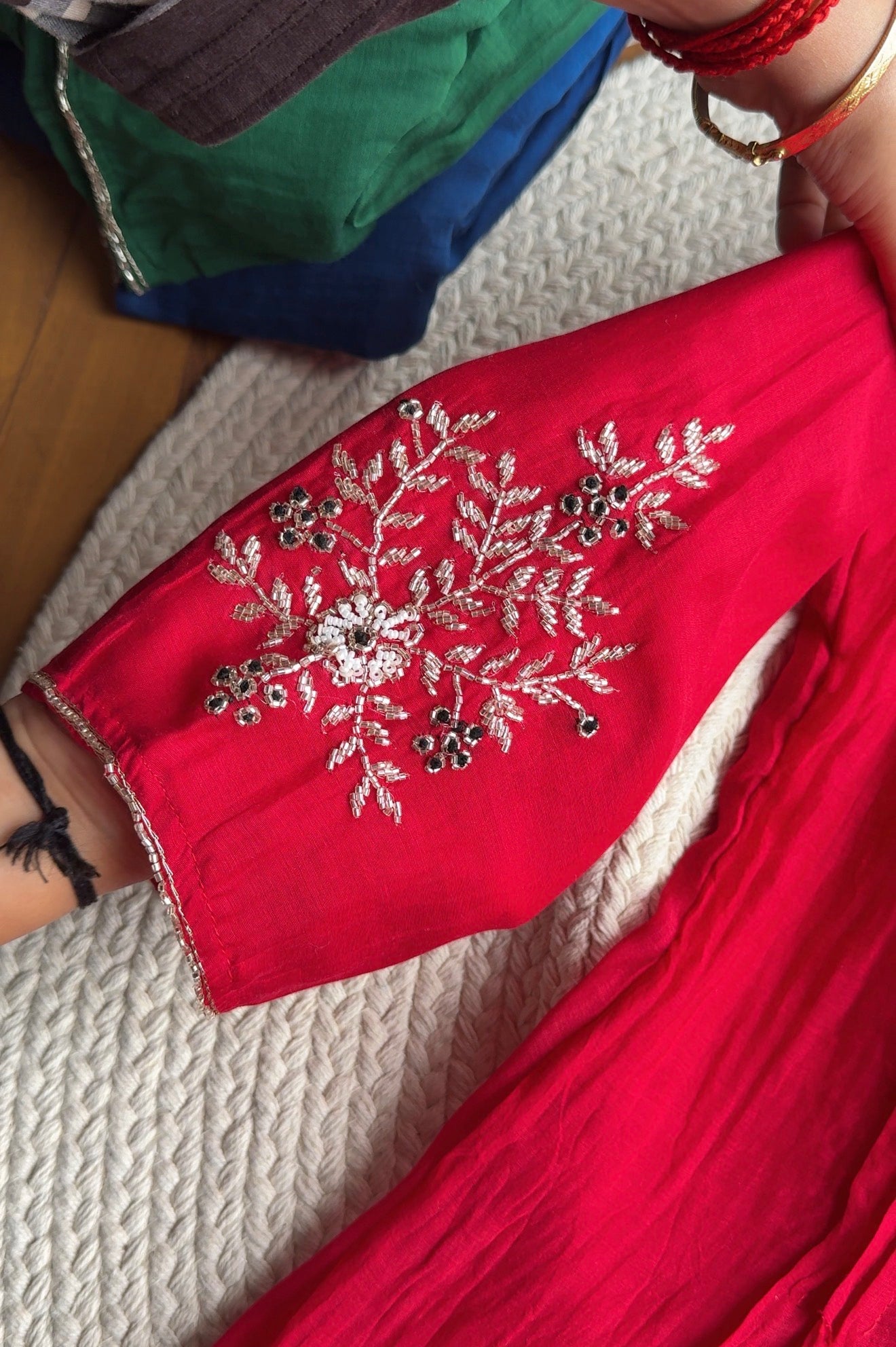 Shubhi aline Mul Chanderi Hand Work Dress- Red