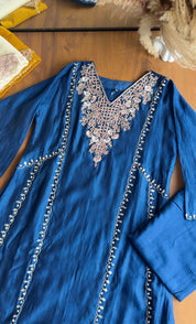 Jiya Handwork Aline Mul Chanderi Dress- Blue