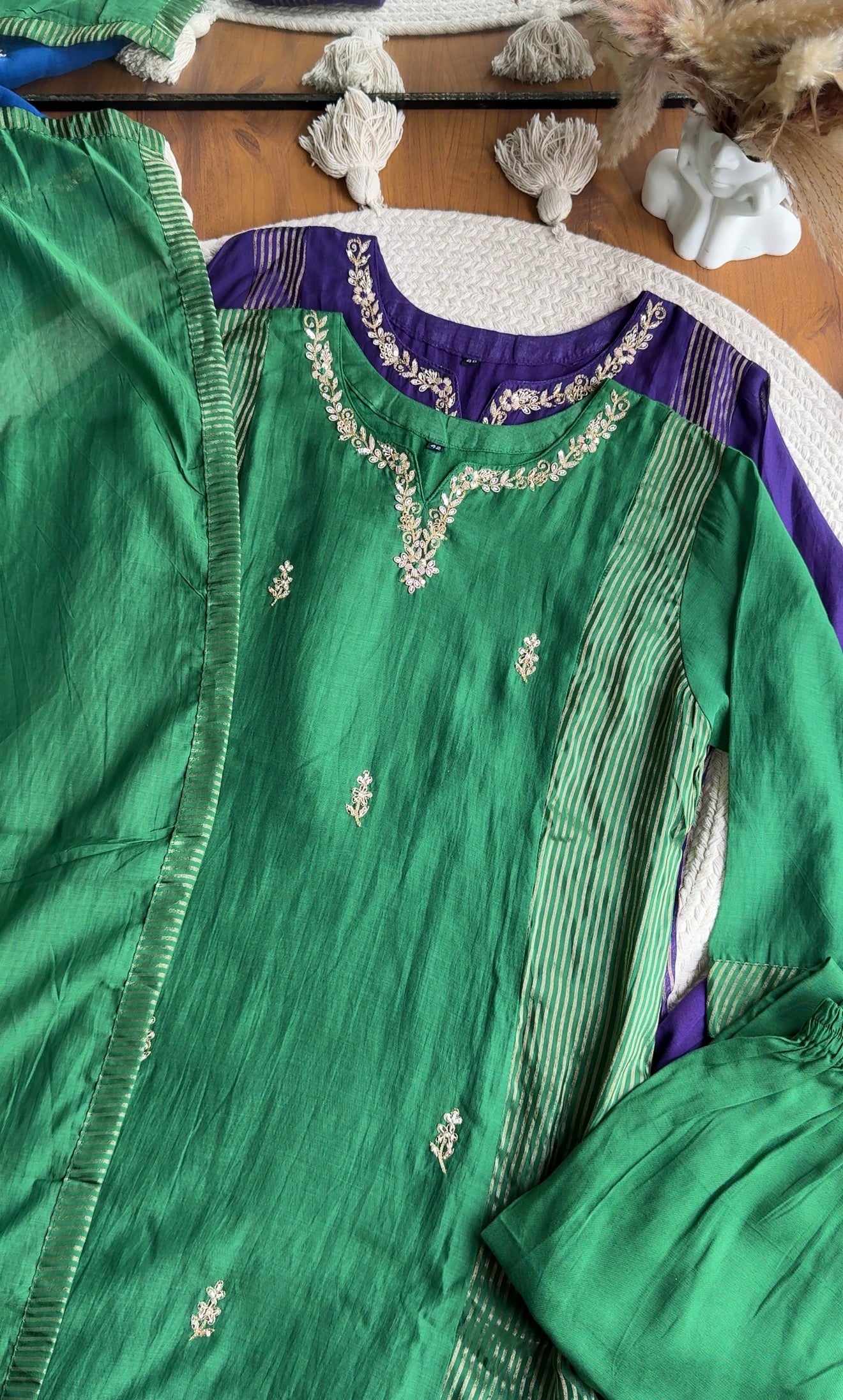 Sunaina Striped Tissue with  Mul Chanderi Dress- Green