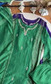 Sunaina Striped Tissue with  Mul Chanderi Dress- Green