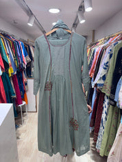 Disha Embroided Mul Chanderi Dress- Aqua Green