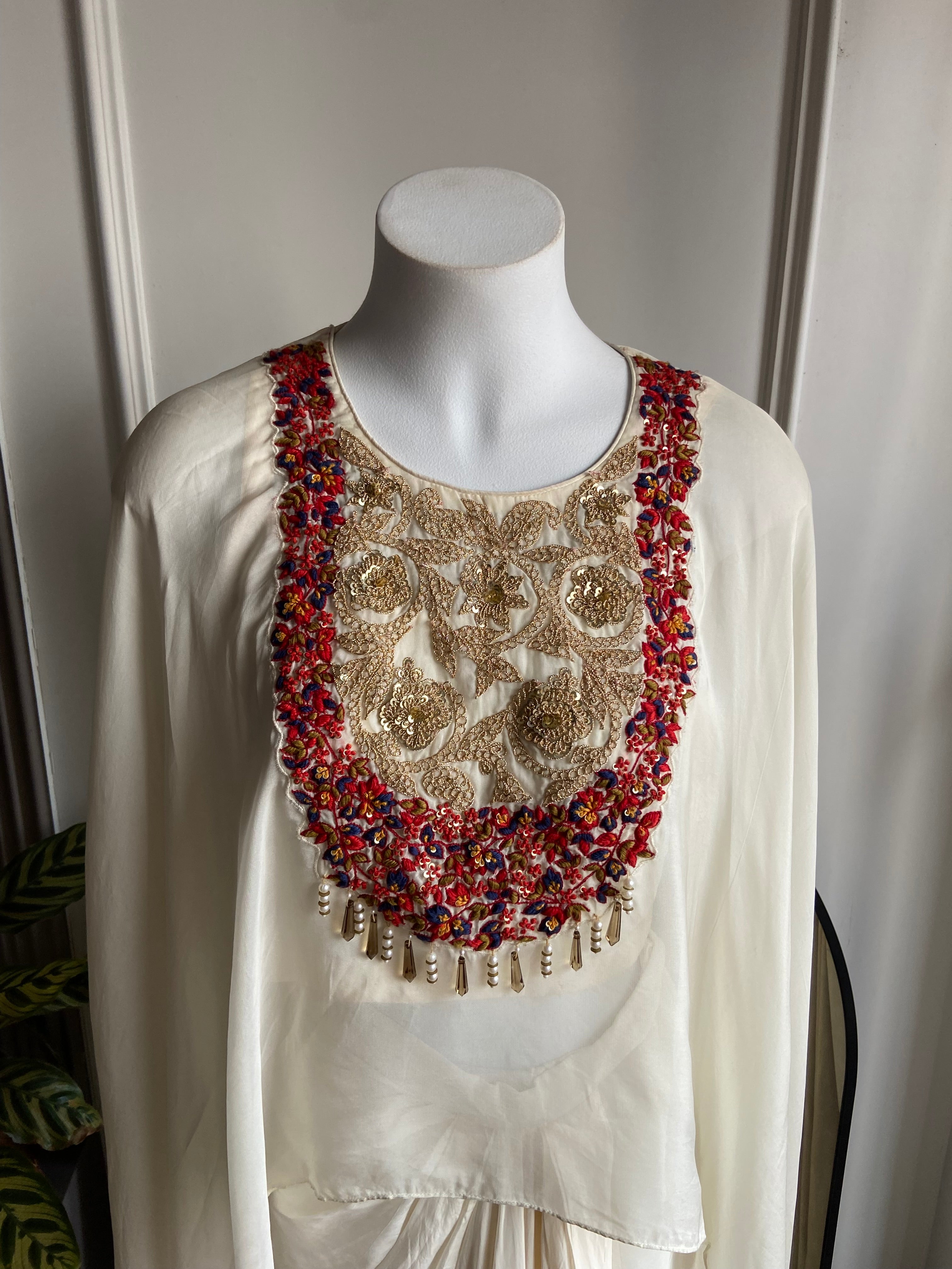 Meena white embroidered cape and draped skirt set