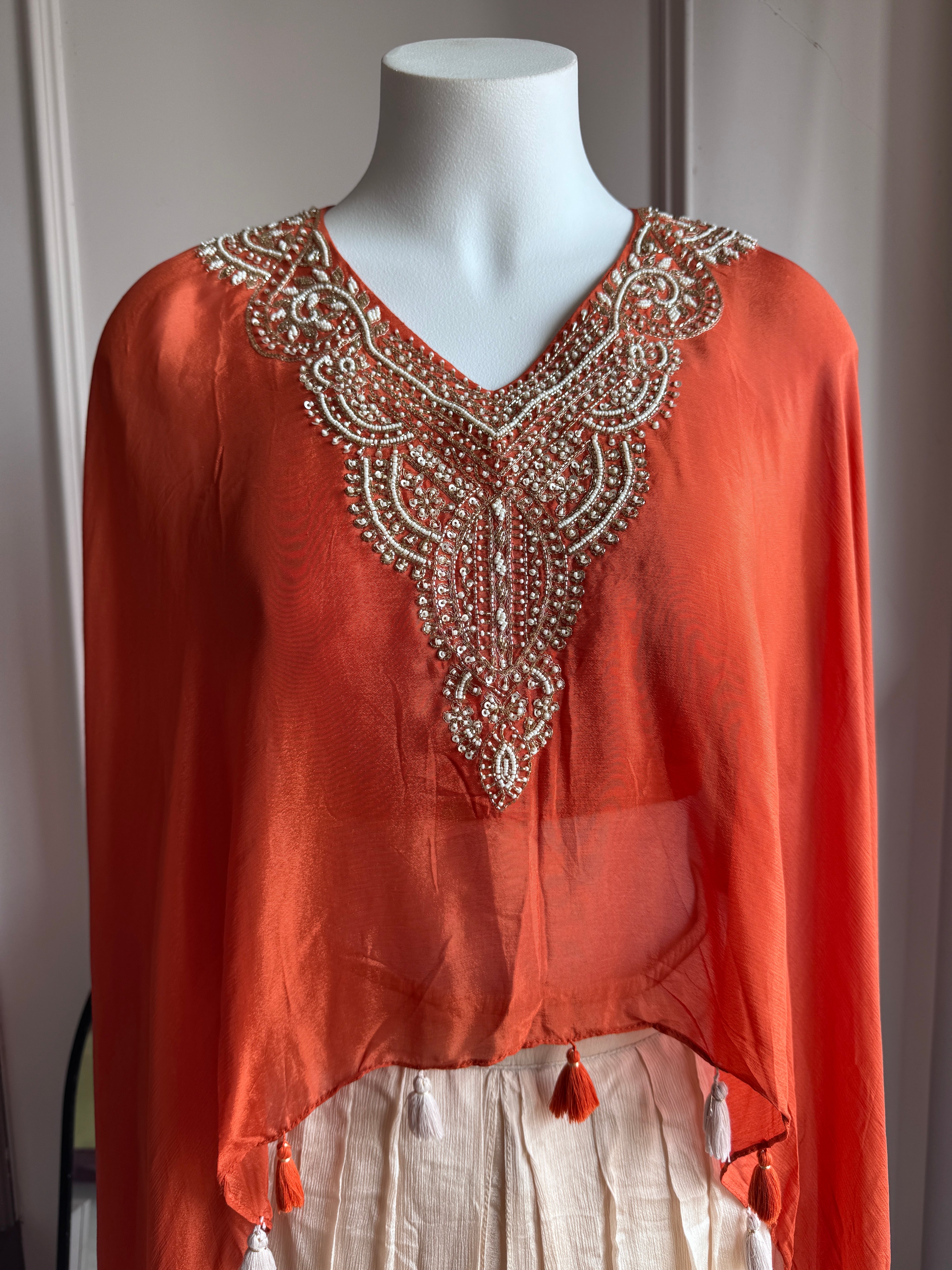 Karishma High Low Top With Padded Blouse And Tulip Pants- Rust