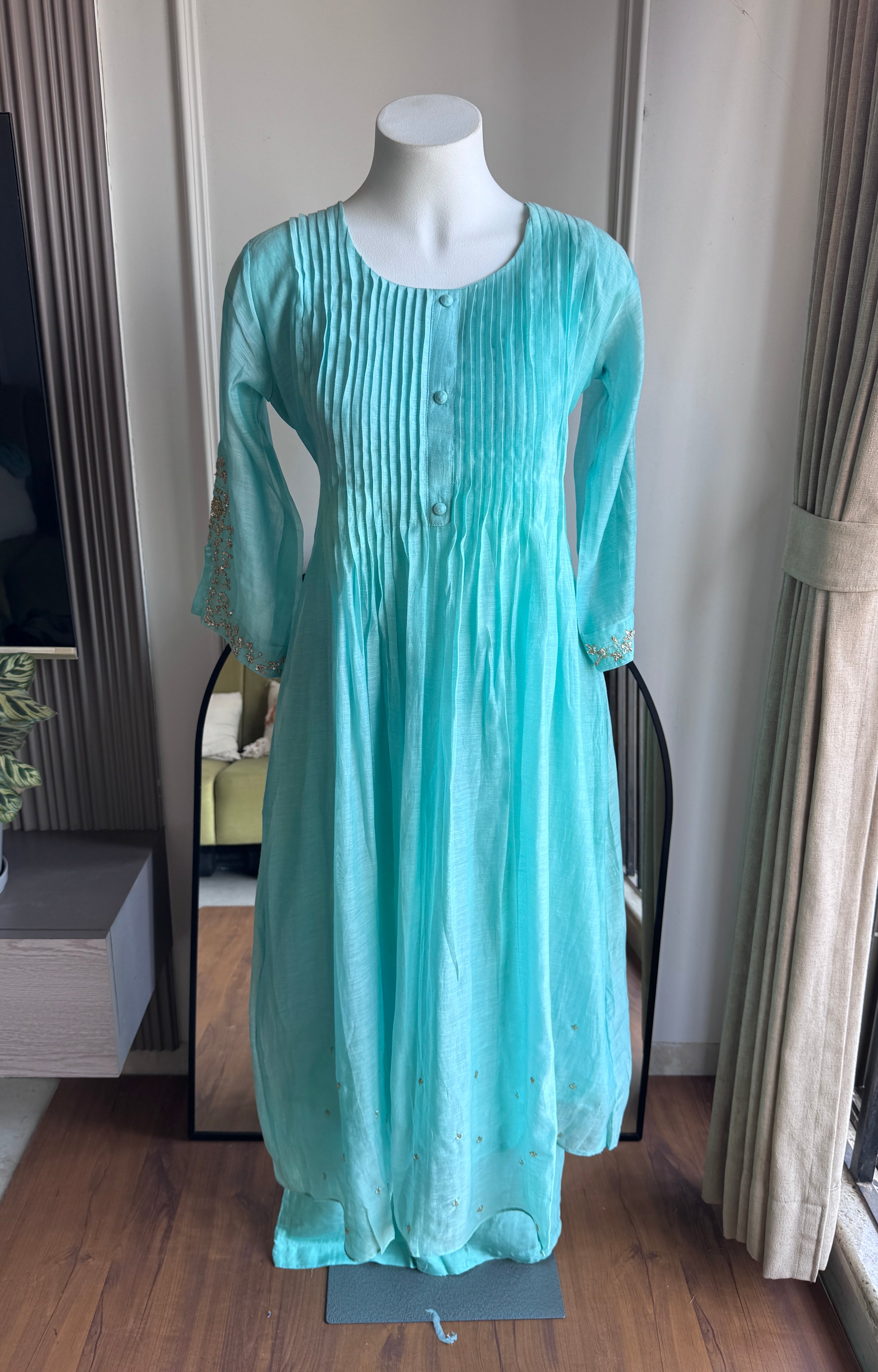 Pratibha Handwork Mul Chanderi  Dress - Sky Blue