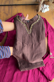 Dimple Pleated Yoke Aline Hand Work Dress- Brown 🤎