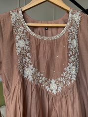 Rashi Full Sleeves Mul Chanderi Anarkali Dress- Brown