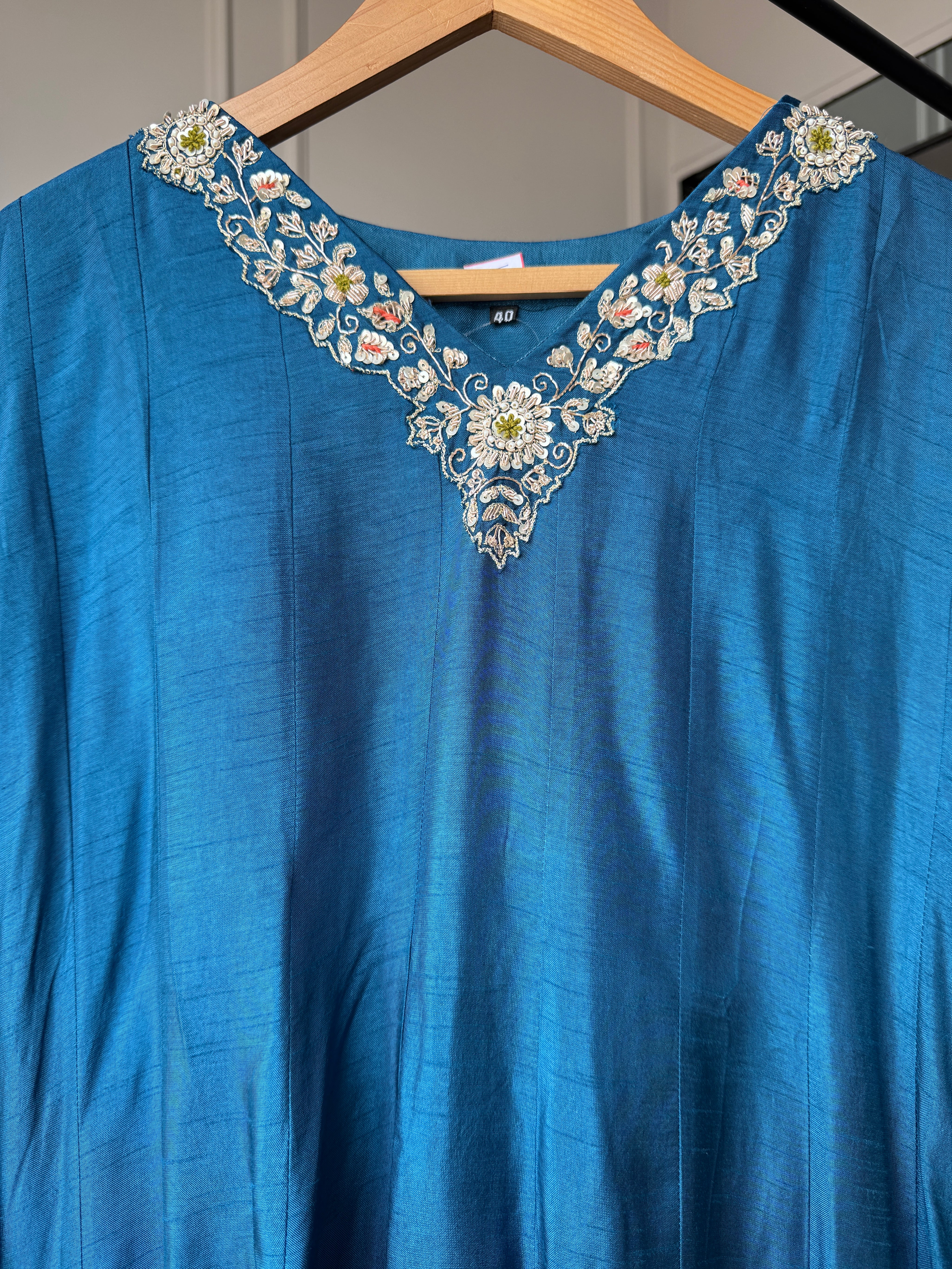 Kajal Handwork Mul Chanderi Anarkali Dress-Blue