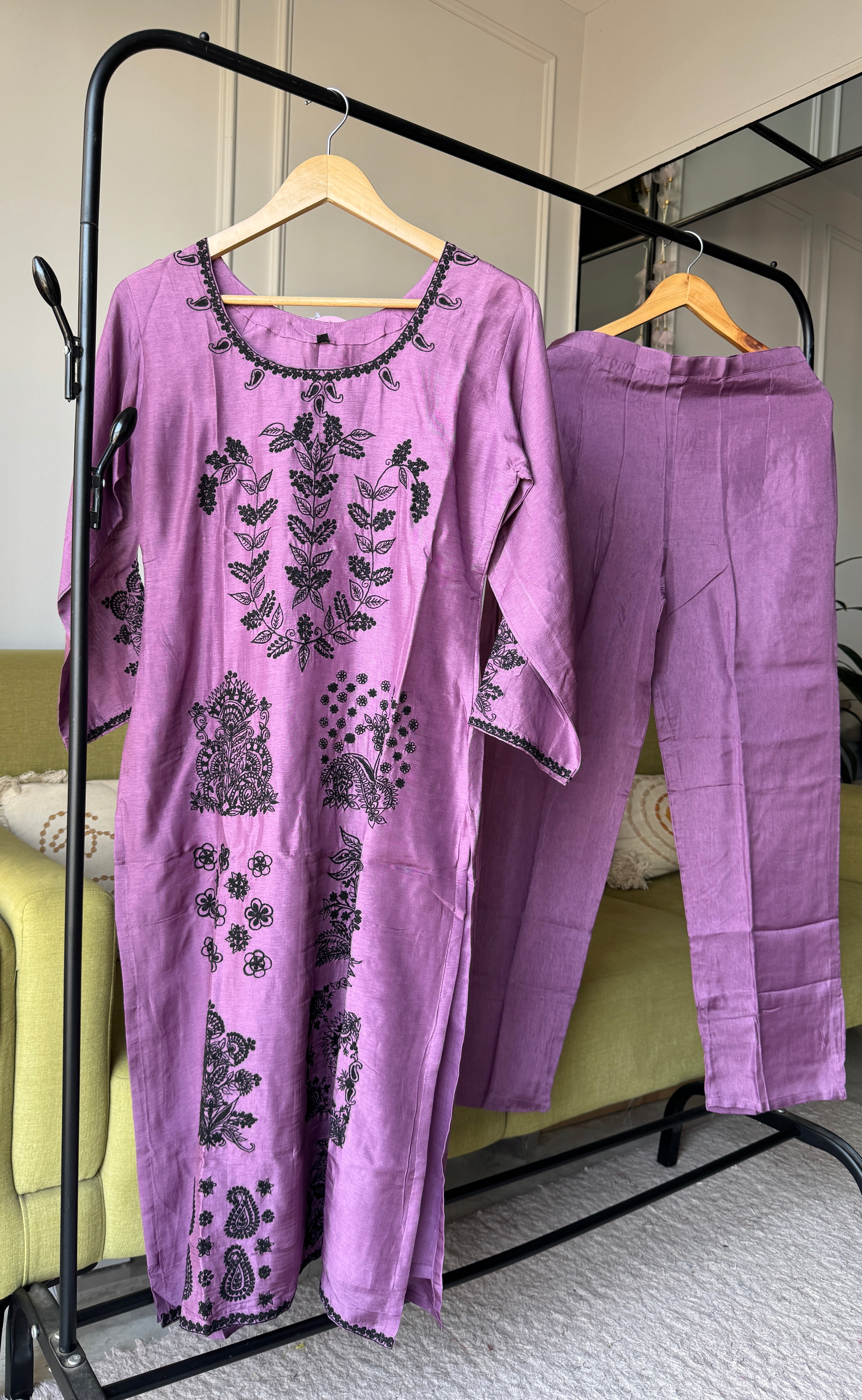 Urvi Russian Silk Embroided Dress- Purple