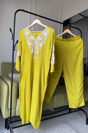 Dipti Russian Silk Handwork Dress- Yellow