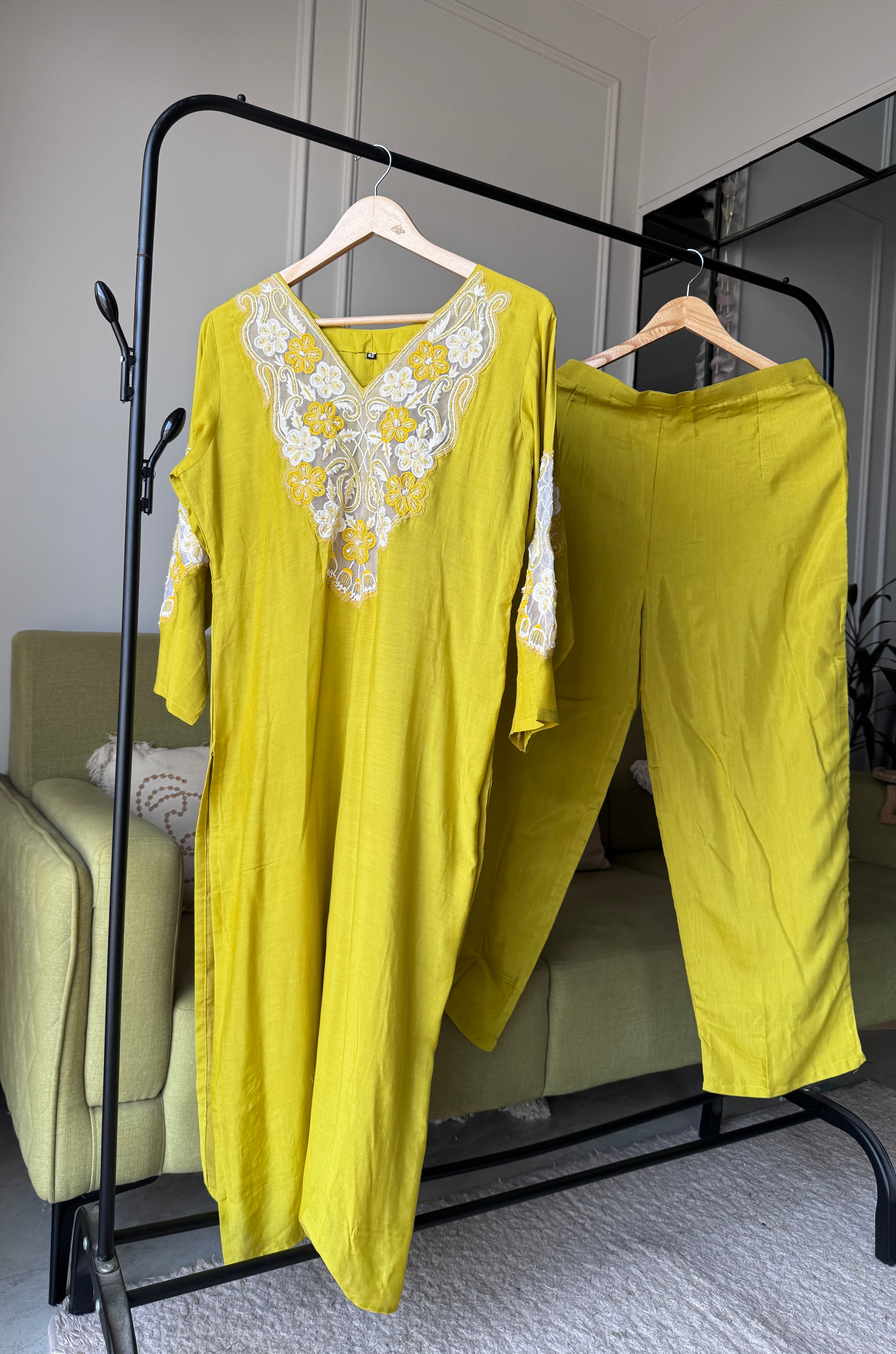 Dipti Russian Silk Handwork Dress- Yellow