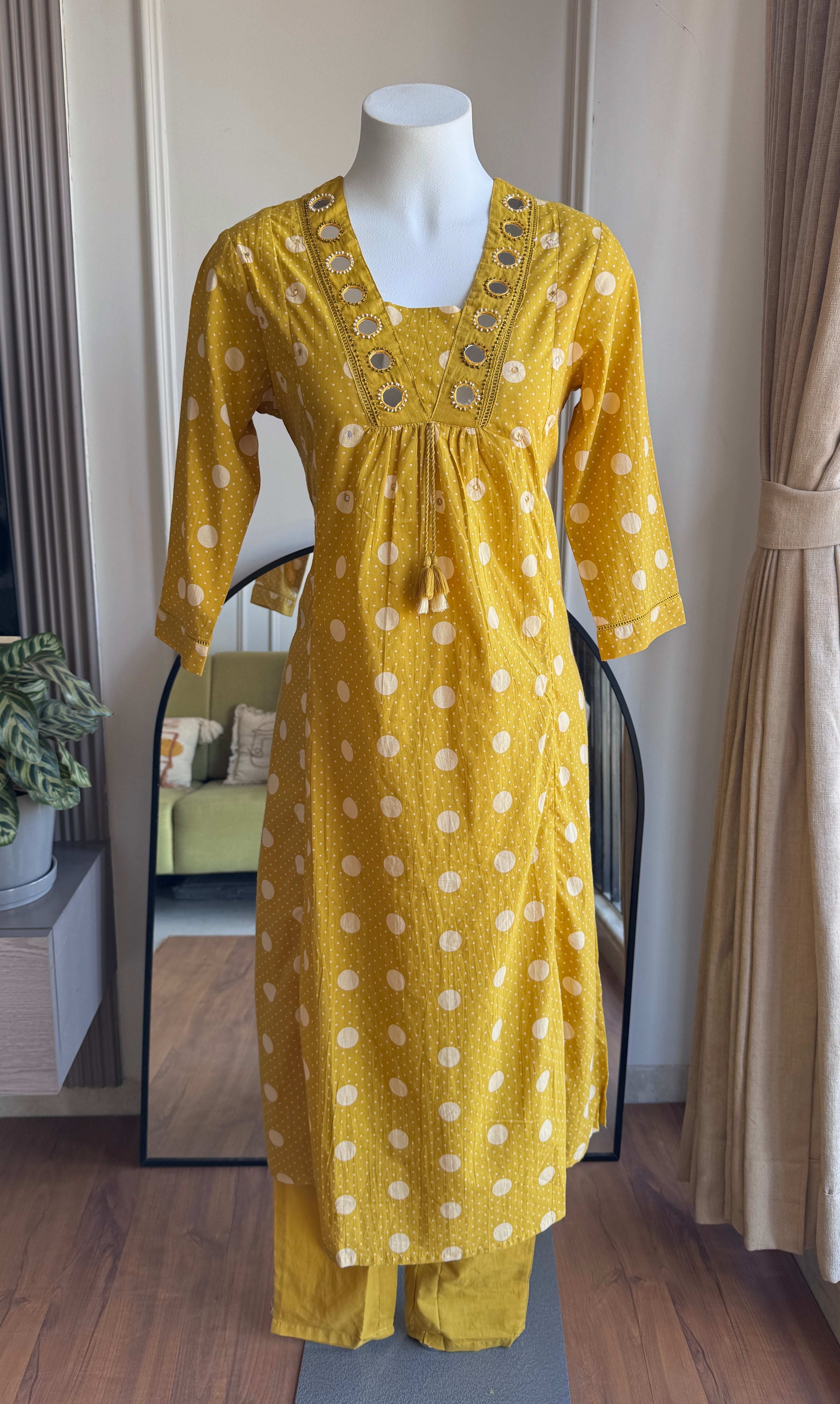 Pavithra  Polka Dot Cotton Dress-Yellow