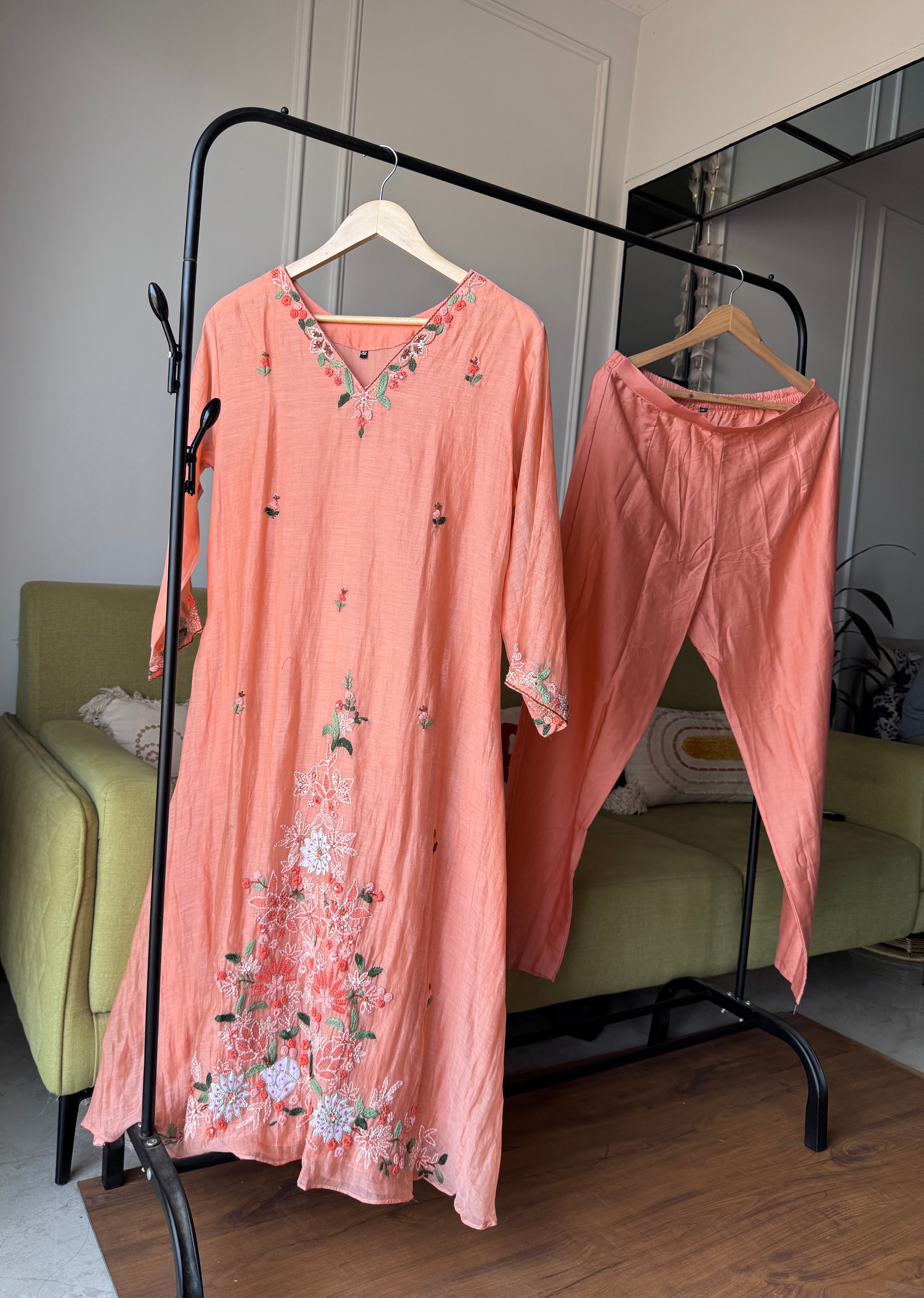 Apoorva Katha Work Mul Chanderi Dress- Peach (Make to Order)