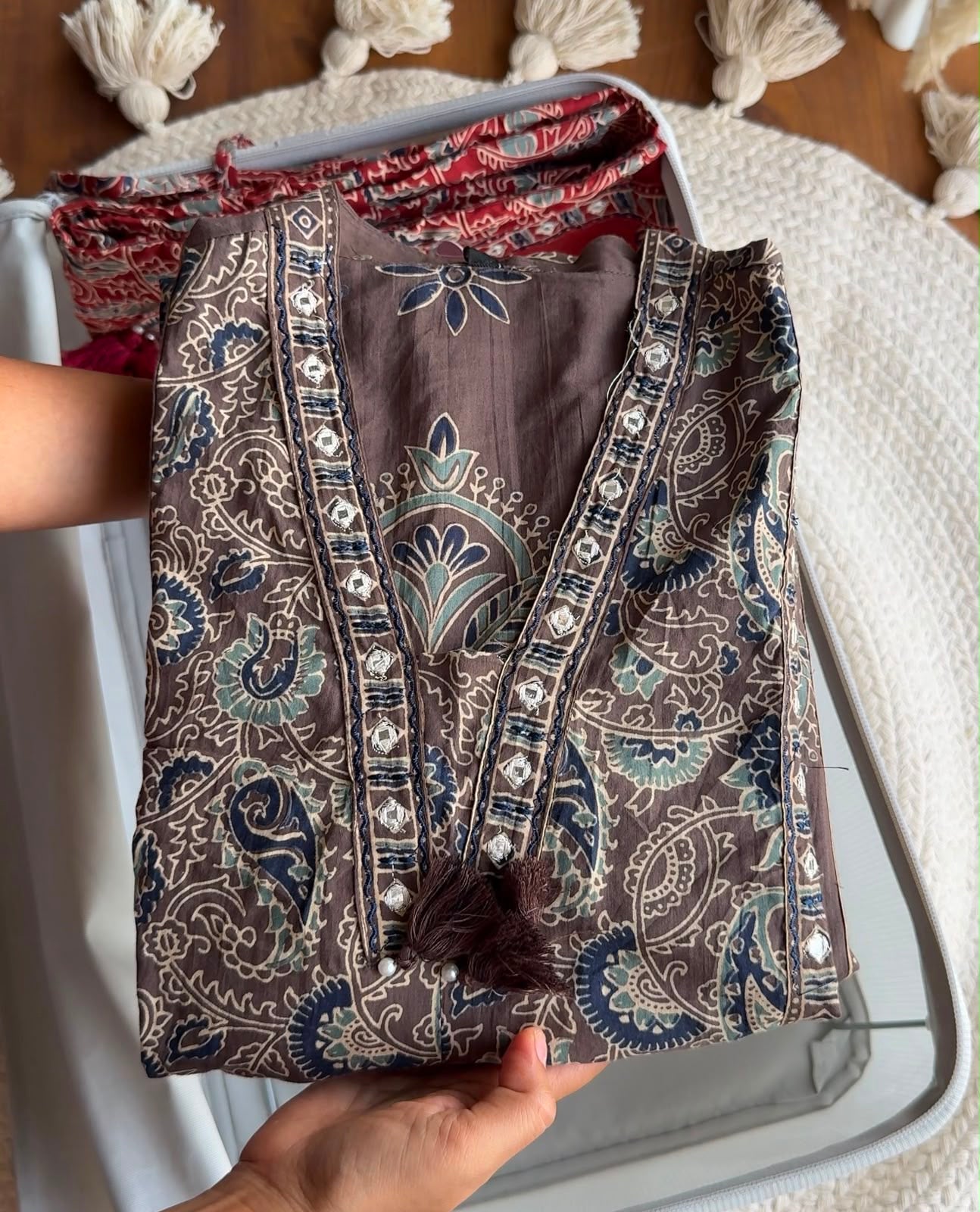 Ajrakh Print Aline Cotton Dress- Gery
