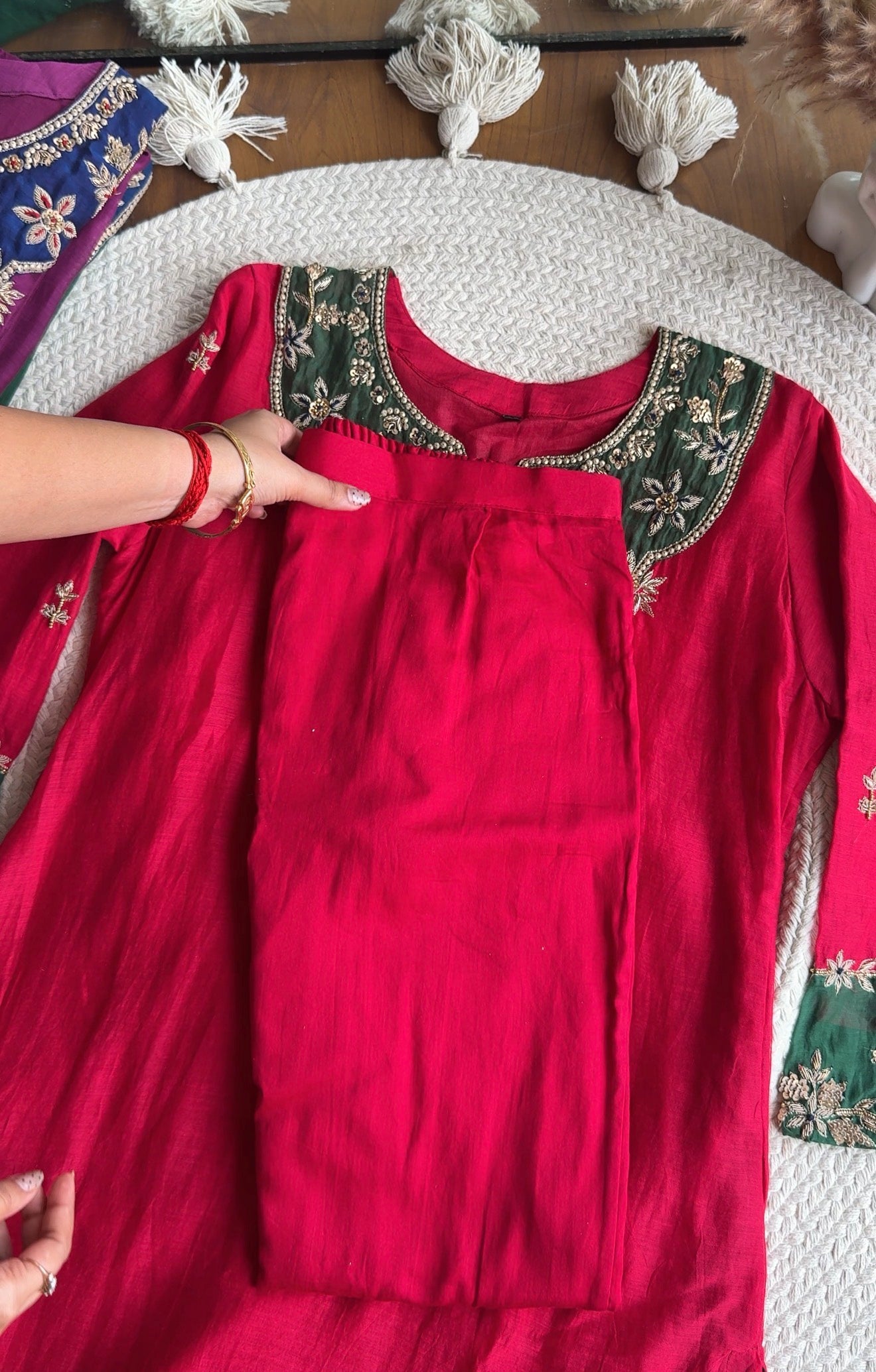Moksha Mul Chanderi Handwork Dress- Red