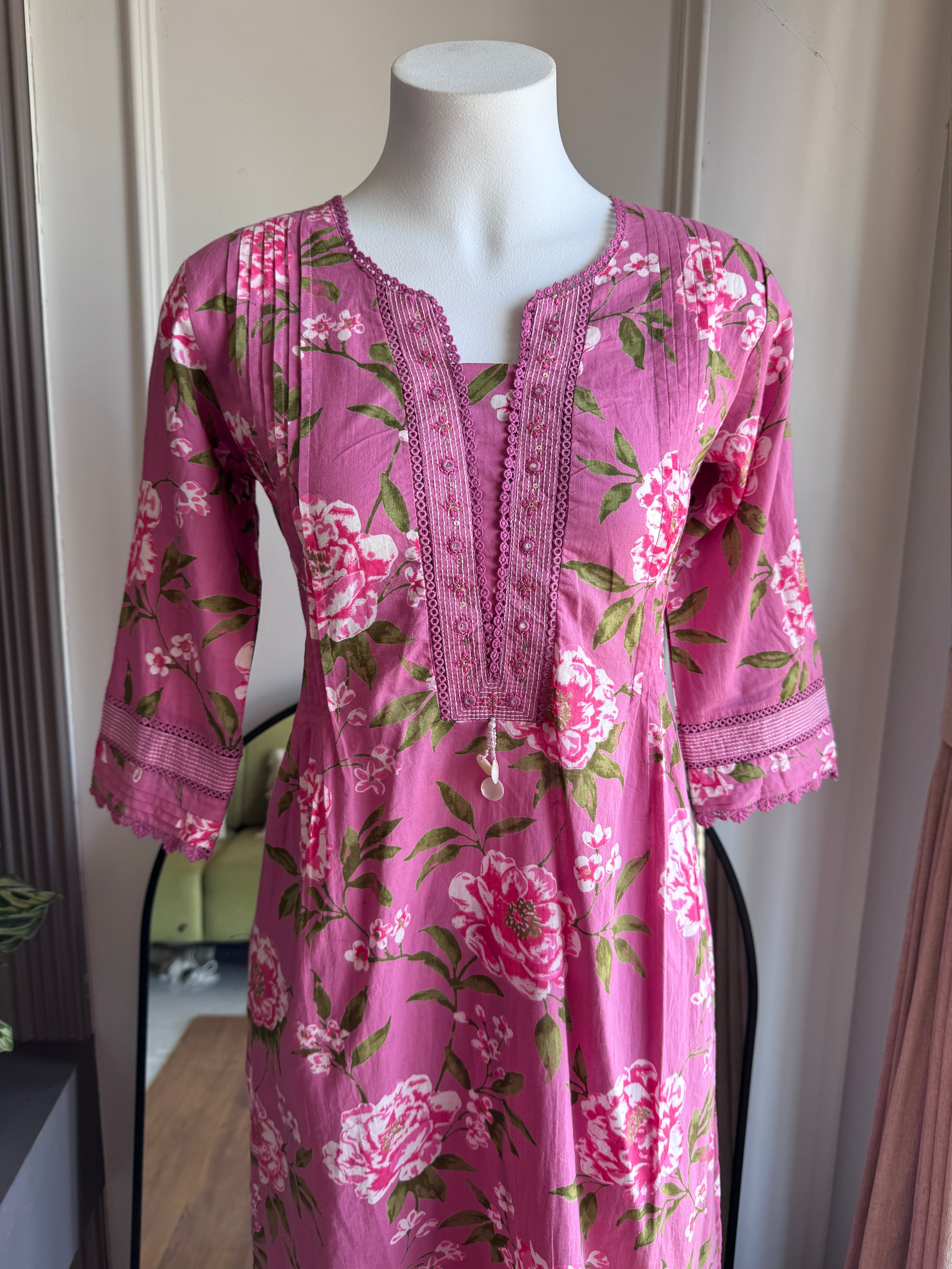 Yamini Floral Print Cotton Dress- Pink