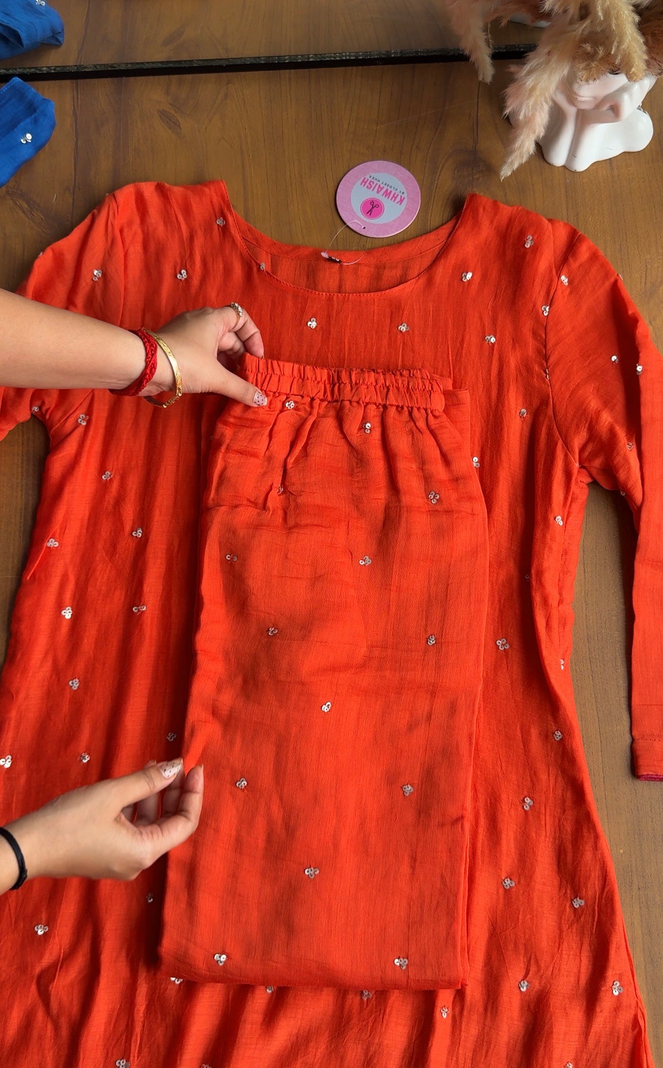 Sejal Handwork Contrast Dupatta Mul Chanderi Dress-Orange