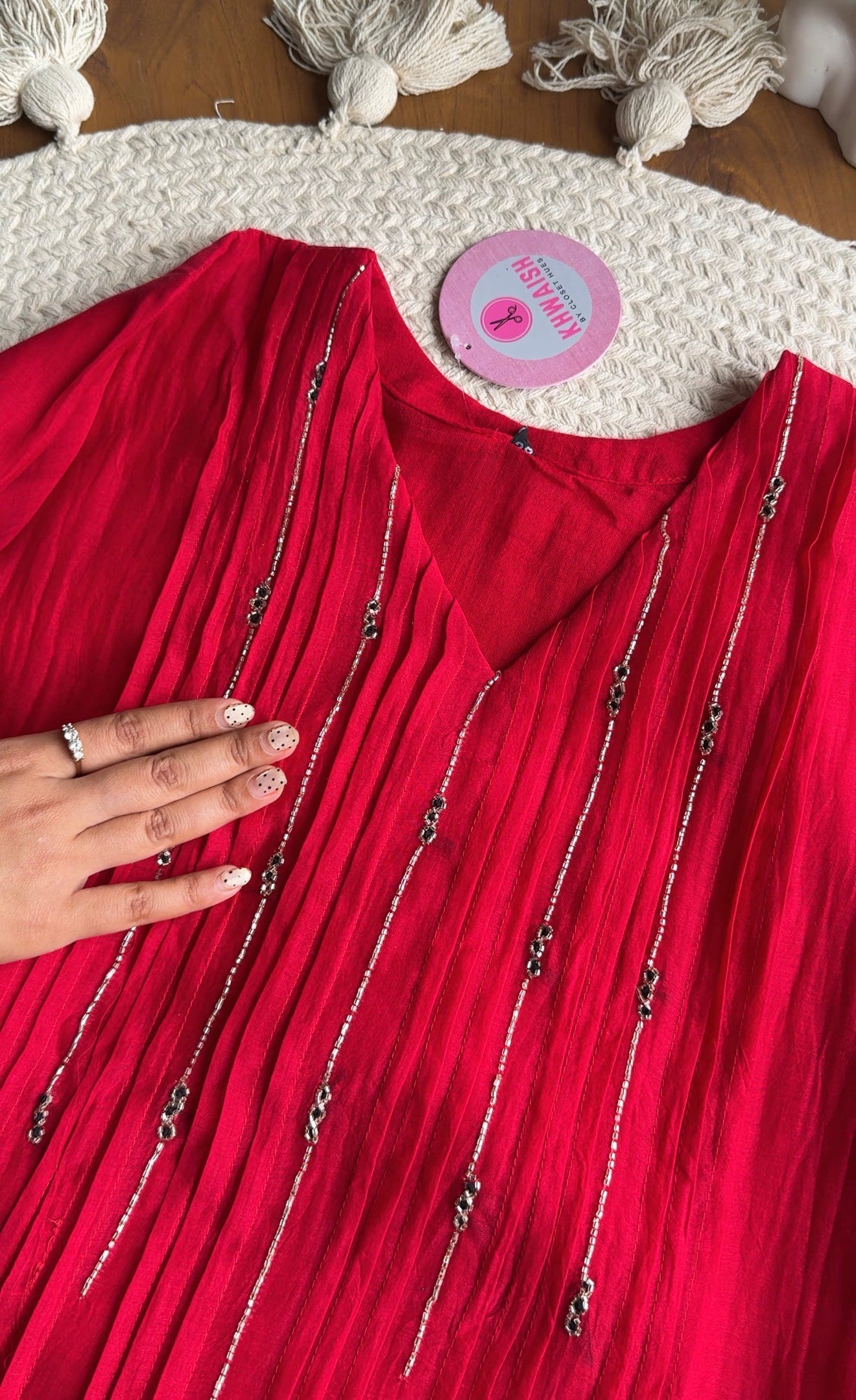 Shubhi aline Mul Chanderi Hand Work Dress- Red