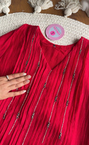 Shubhi aline Mul Chanderi Hand Work Dress- Red