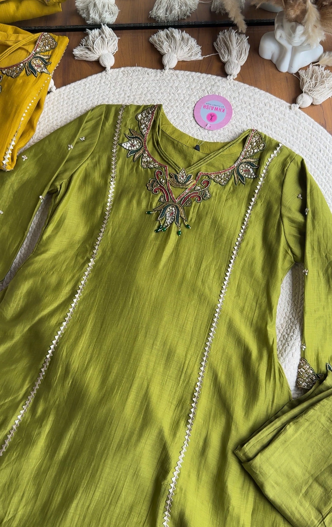 Pooja Necklaces Mul Chanderi Dress-Green