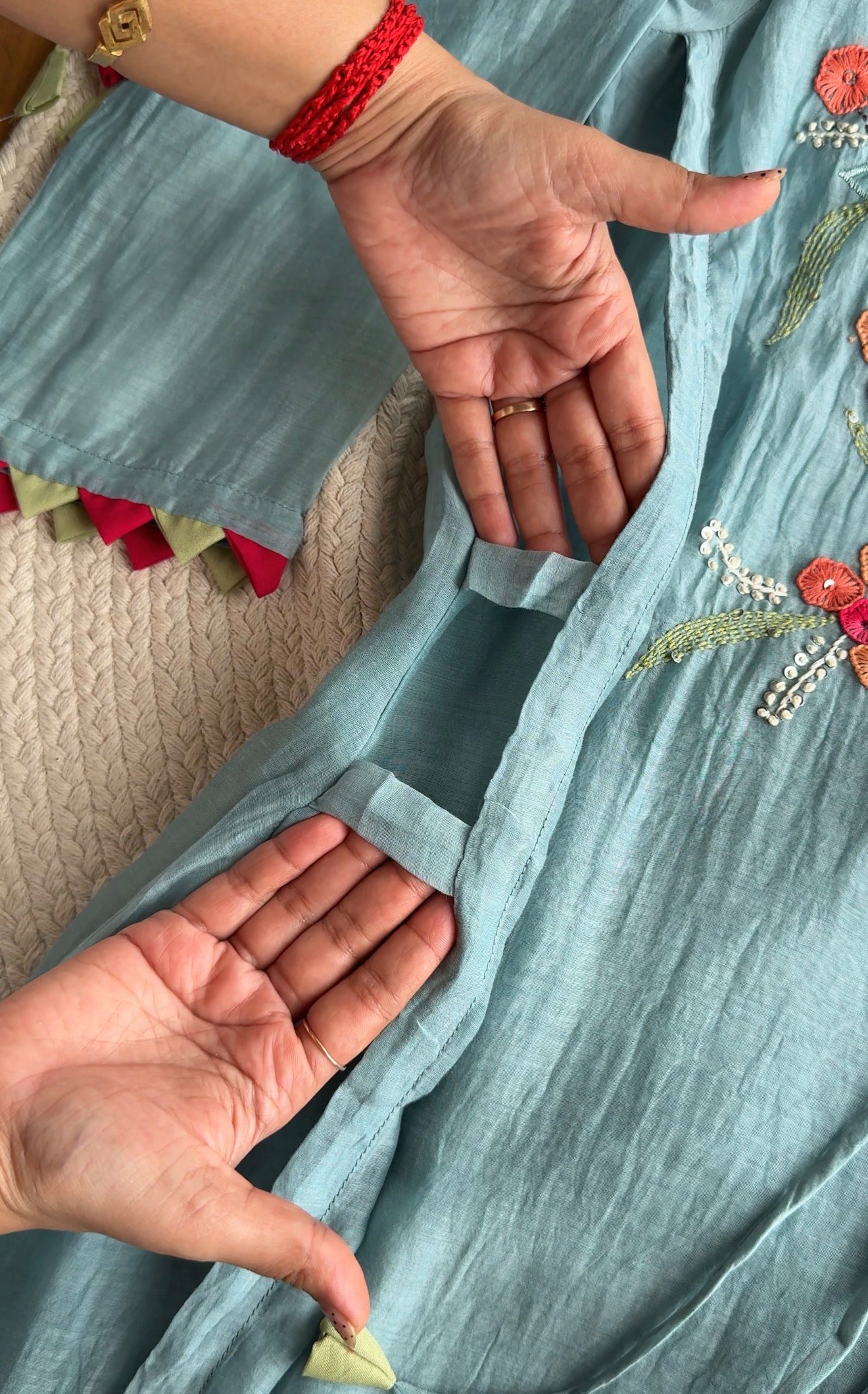 Riddhi Floral Embroidered Mul Chanderi Dress- Blue