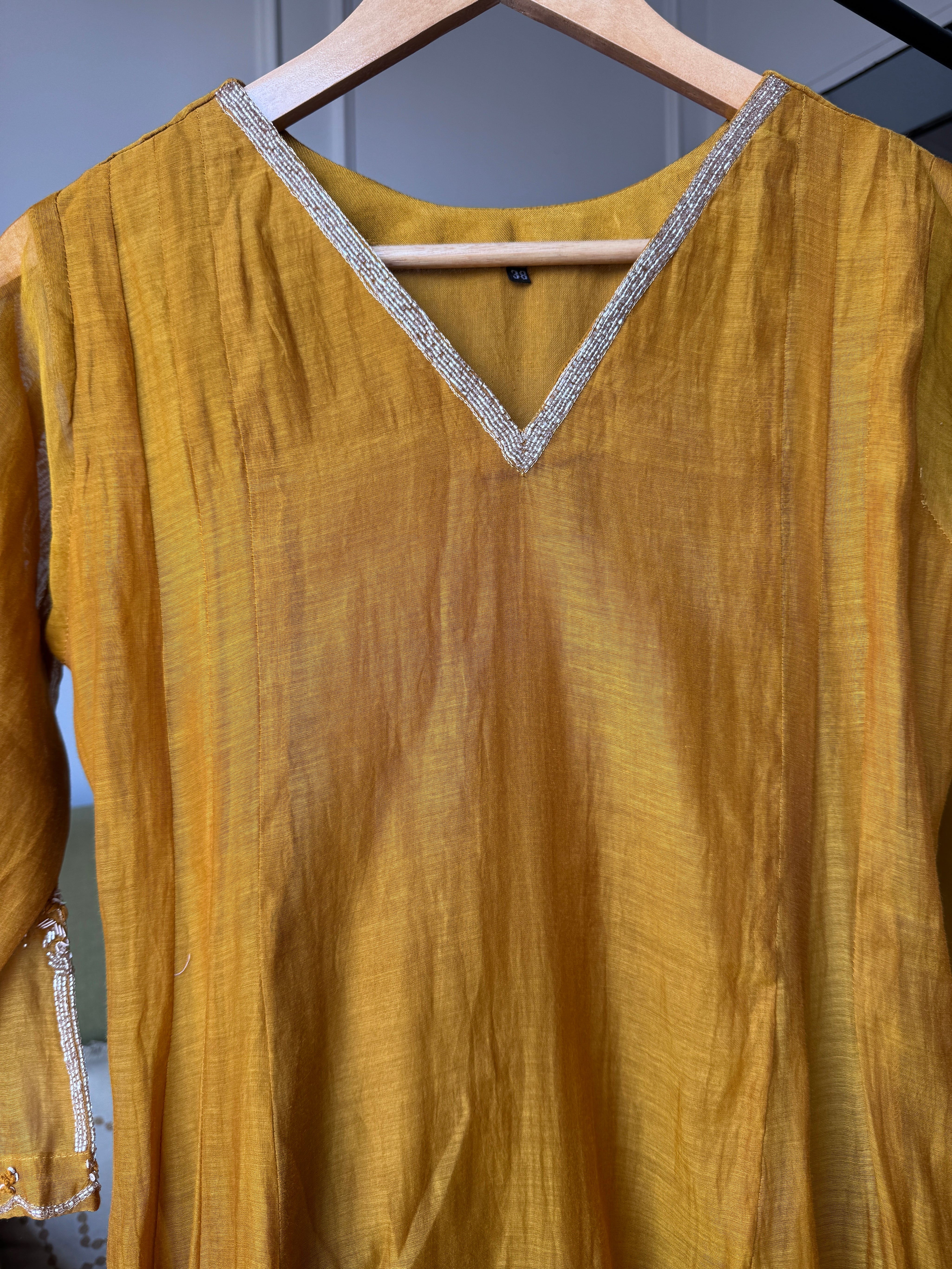 Naina Handwork Mul Chanderi Dress- Musturd