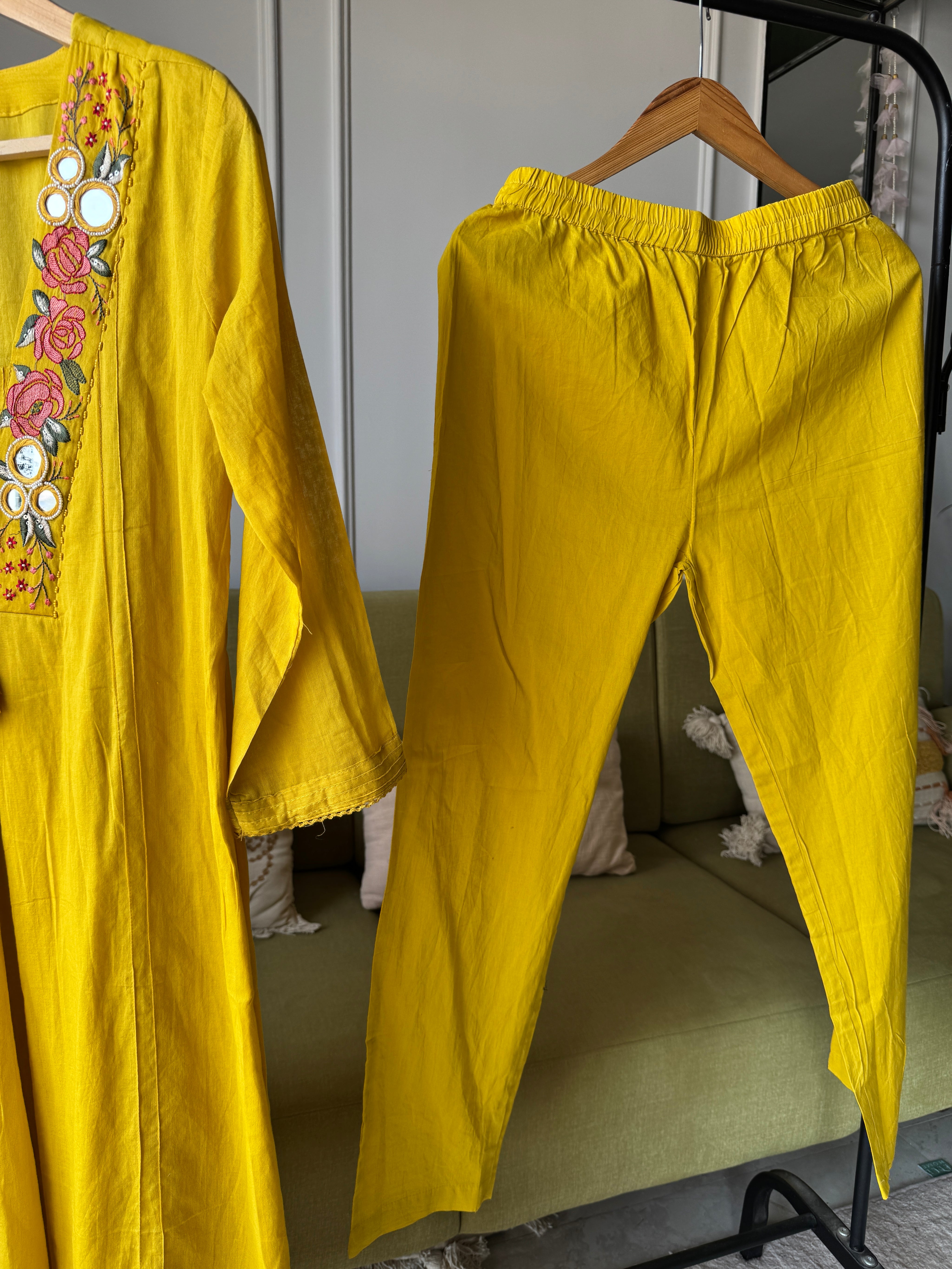 Paheli Mul Cotton Dress- Yellow